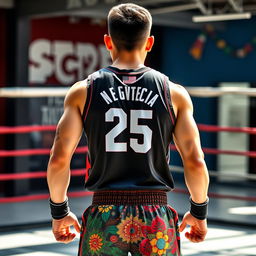 A 25-year-old Mexican Muay Thai fighter showcasing a powerful stance from the back view, wearing a sleeveless basketball jersey and vibrant Muay Thai short shorts