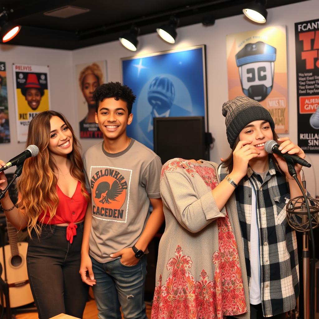 Two couples of young singers, each about 18 years old, gathered together in a lively music studio