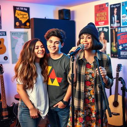 Two couples of young singers, each about 18 years old, gathered together in a lively music studio