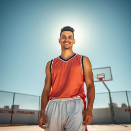 A 25-year-old Mexican man with a warm smile, dressed in a sleeveless basketball jersey, basketball shorts, and stylish basketball shoes