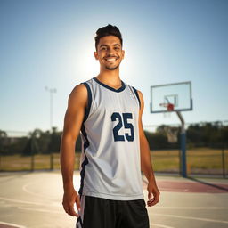 A 25-year-old Mexican man with a warm smile, dressed in a sleeveless basketball jersey, basketball shorts, and stylish basketball shoes