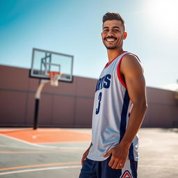 A 25-year-old Mexican man with a warm smile, dressed in a sleeveless basketball jersey, basketball shorts, and stylish basketball shoes