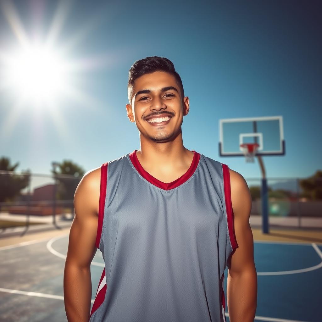 A 25-year-old Mexican man with a warm smile, dressed in a sleeveless basketball jersey, basketball shorts, and stylish basketball shoes