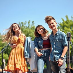 Two young male singers and two young female singers, each about 22 years old, standing together in an outdoor setting during a sunny day
