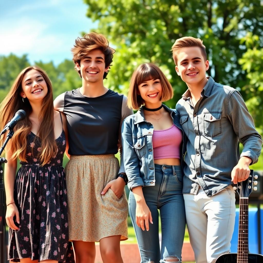 Two young male singers and two young female singers, each about 22 years old, standing together in an outdoor setting during a sunny day