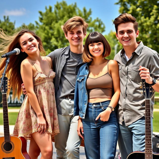 Two young male singers and two young female singers, each about 22 years old, standing together in an outdoor setting during a sunny day