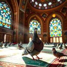A Pigeon (or dove) wearing a tiny traditional vest, engaged in a serene Friday prayer in a beautiful mosque