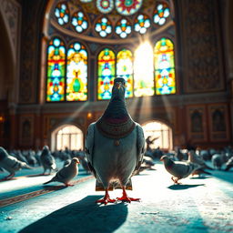 A Pigeon (or dove) wearing a tiny traditional vest, engaged in a serene Friday prayer in a beautiful mosque