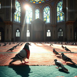 A Pigeon (or dove) wearing a tiny traditional vest, engaged in a serene Friday prayer in a beautiful mosque