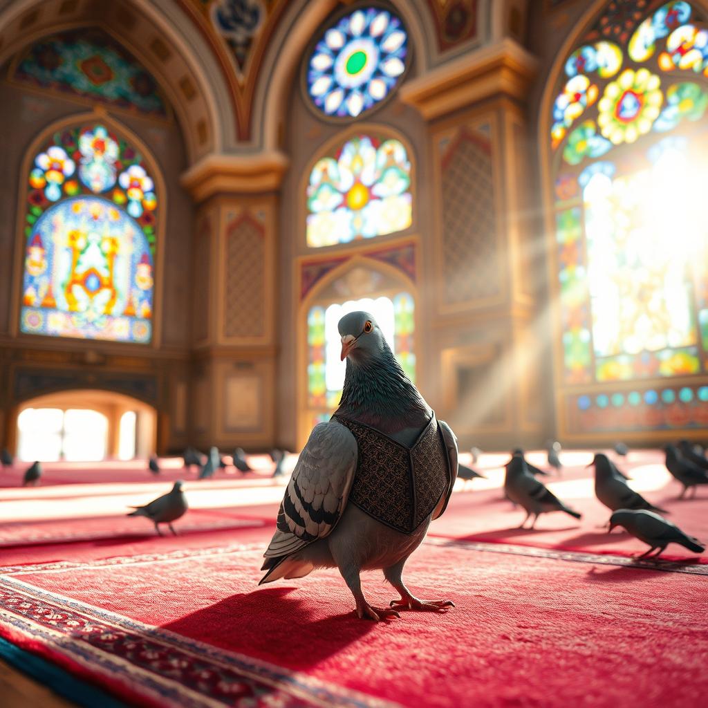 A Pigeon (or dove) wearing a tiny traditional vest, engaged in a serene Friday prayer in a beautiful mosque
