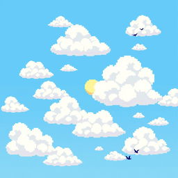 A vibrant pixel art scene featuring fluffy, white clouds scattered across a bright blue sky