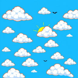 A vibrant pixel art scene featuring fluffy, white clouds scattered across a bright blue sky