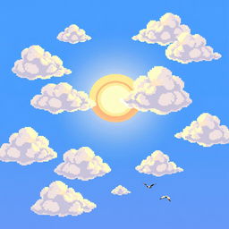 A vibrant pixel art scene featuring fluffy, white clouds scattered across a bright blue sky