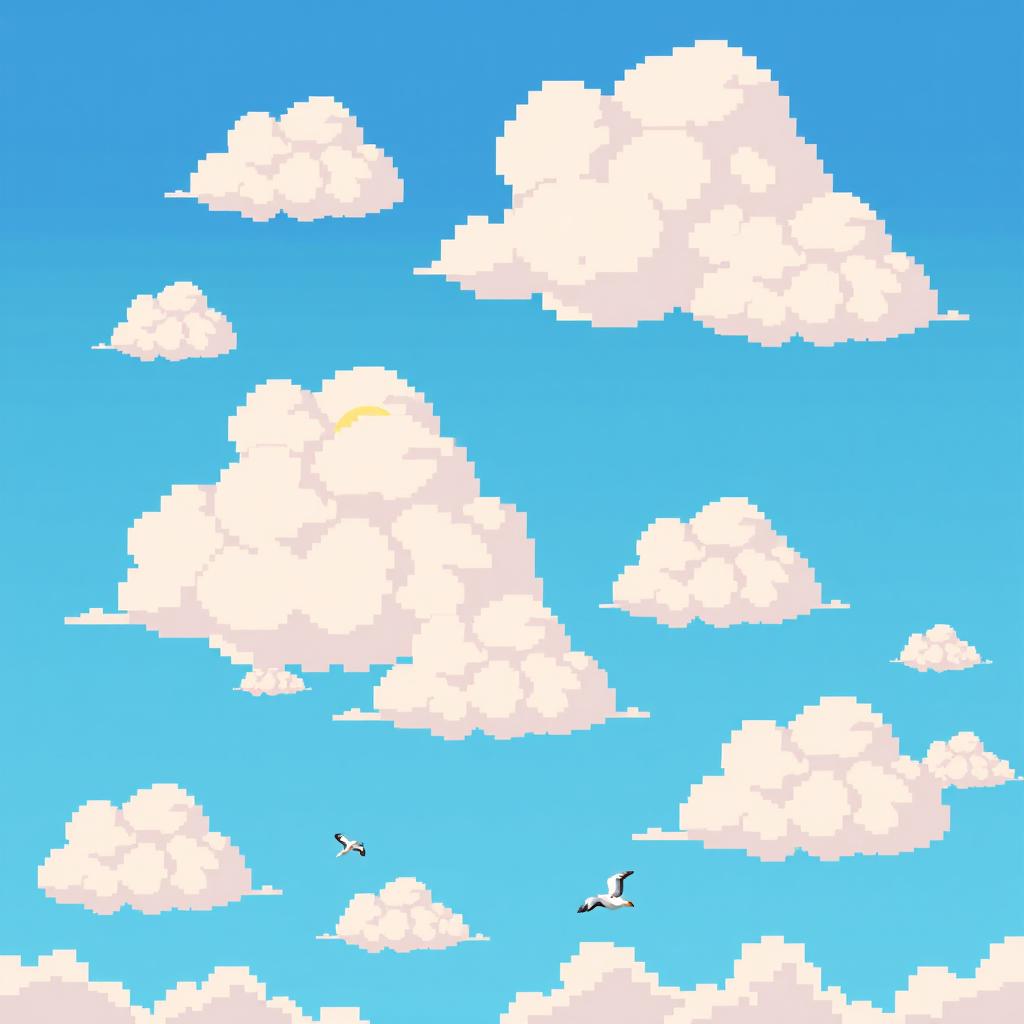A vibrant pixel art scene featuring fluffy, white clouds scattered across a bright blue sky