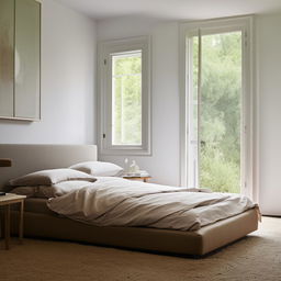 A chic bedroom with a bed lying right on the floor, neatly made with cozy linens, situated beneath a very small, elegantly framed window on the right, allowing a sparse stream of daylight to trickle in.