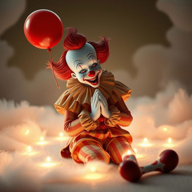 A whimsical and imaginative scene depicting a clown, reminiscent of Pennywise, engaged in a prayer