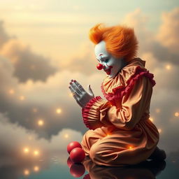 A whimsical and imaginative scene depicting a clown, reminiscent of Pennywise, engaged in a prayer