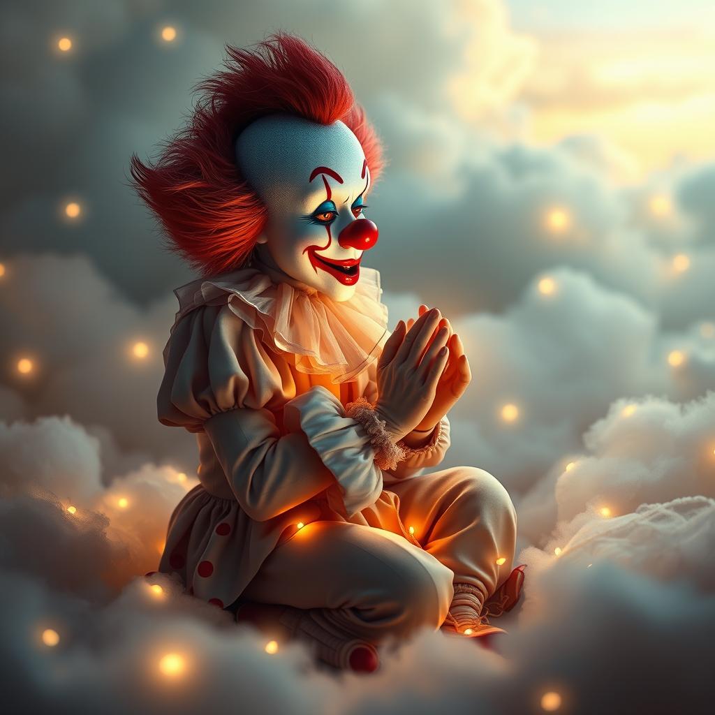 A whimsical and imaginative scene depicting a clown, reminiscent of Pennywise, engaged in a prayer