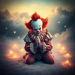 A whimsical and imaginative scene depicting a clown, reminiscent of Pennywise, engaged in a prayer