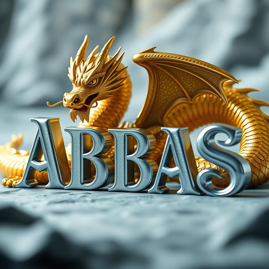 A majestic scene featuring the word "ABBAS" in 3D, designed in a royal silver color