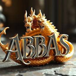 A majestic scene featuring the word "ABBAS" in 3D, designed in a royal silver color