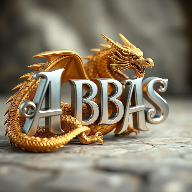 A majestic scene featuring the word "ABBAS" in 3D, designed in a royal silver color