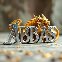 A majestic scene featuring the word "ABBAS" in 3D, designed in a royal silver color