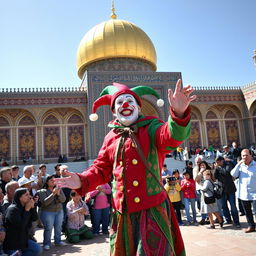 A vibrant scene of a clown dressed as a jester, joyfully performing in the courtyard of the Imam Reza shrine in Mashhad, Iran