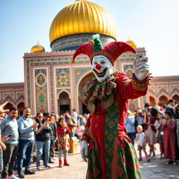 A vibrant scene of a clown dressed as a jester, joyfully performing in the courtyard of the Imam Reza shrine in Mashhad, Iran