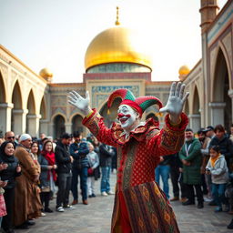 A vibrant scene of a clown dressed as a jester, joyfully performing in the courtyard of the Imam Reza shrine in Mashhad, Iran