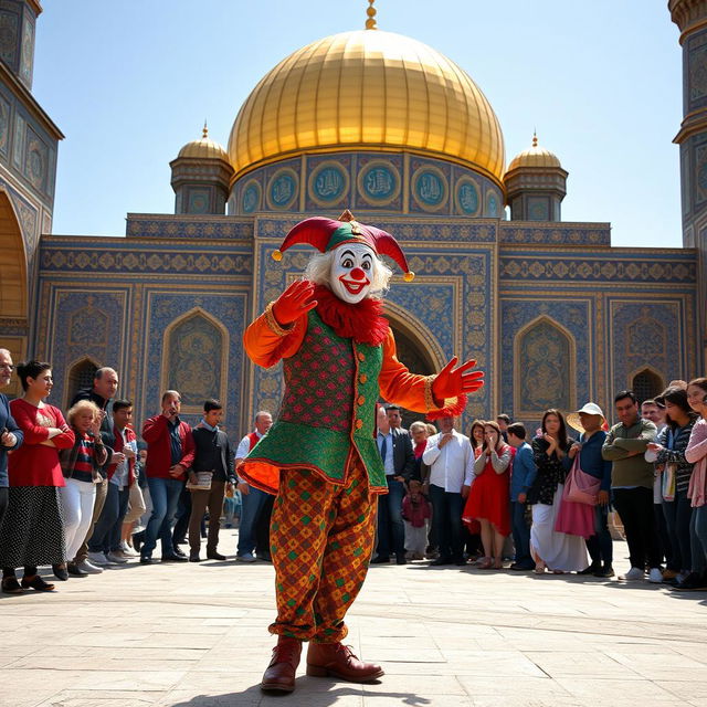 A vibrant scene of a clown dressed as a jester, joyfully performing in the courtyard of the Imam Reza shrine in Mashhad, Iran