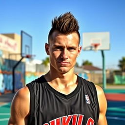 A 25-year-old Caucasian man wearing a black sleeveless basketball jersey, showcasing a confident and sporty look