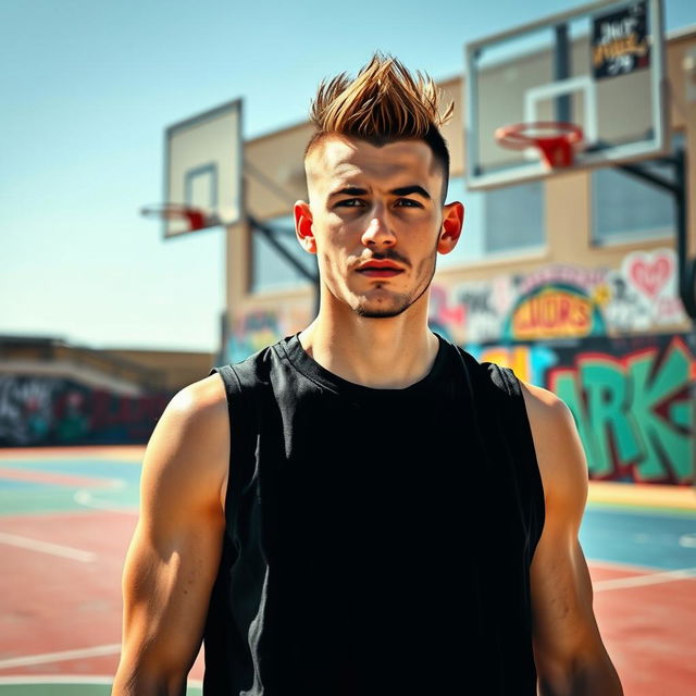 A 25-year-old Caucasian man wearing a black sleeveless basketball jersey, showcasing a confident and sporty look