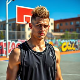 A 25-year-old Caucasian man wearing a black sleeveless basketball jersey, showcasing a confident and sporty look
