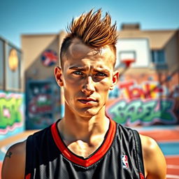 A 25-year-old Caucasian man wearing a black sleeveless basketball jersey, showcasing a confident and sporty look