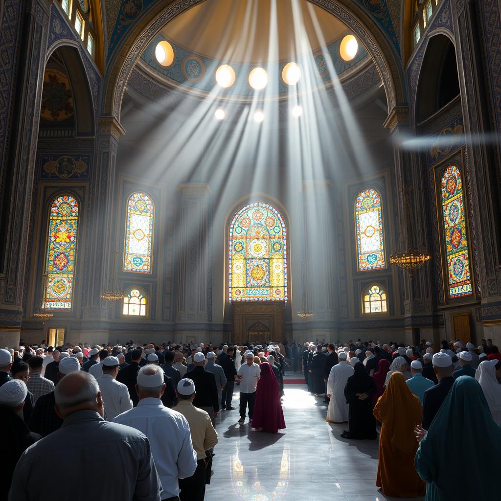 A serene and beautiful scene inside the Imam Reza Shrine, showcasing the exquisite architecture with intricate tile work and golden domes