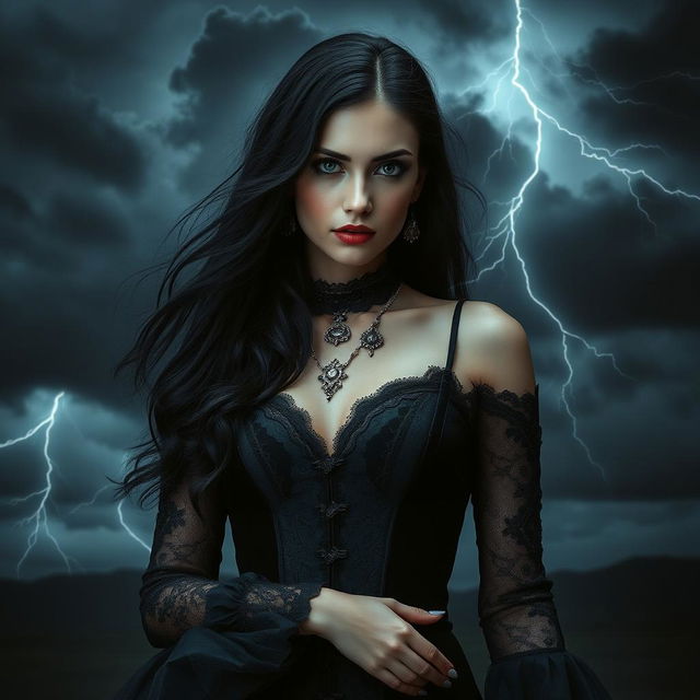 A beautifully mysterious Gothic woman with long dark hair, dressed in elegant yet dramatic dark clothing, stands confidently against a turbulent stormy background filled with dark clouds and flashes of lightning