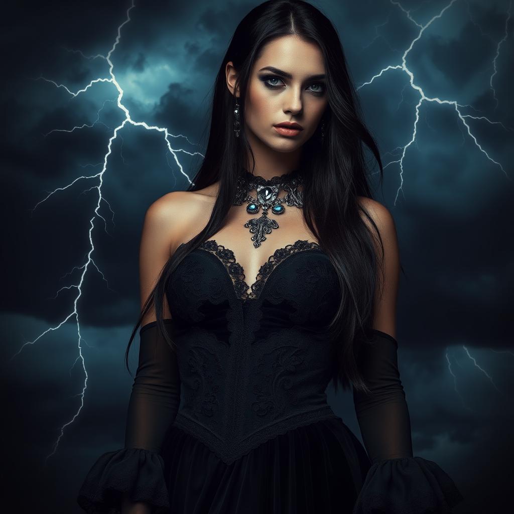 A beautifully mysterious Gothic woman with long dark hair, dressed in elegant yet dramatic dark clothing, stands confidently against a turbulent stormy background filled with dark clouds and flashes of lightning