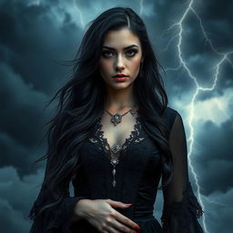 A beautifully mysterious Gothic woman with long dark hair, dressed in elegant yet dramatic dark clothing, stands confidently against a turbulent stormy background filled with dark clouds and flashes of lightning