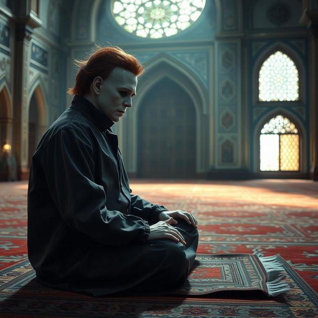 A serene depiction of Michael Myers, the fictional character from the Halloween series, participating in a prayer at a mosque