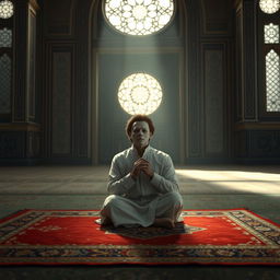 A serene depiction of Michael Myers, the fictional character from the Halloween series, participating in a prayer at a mosque