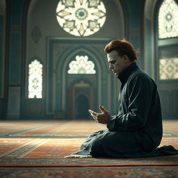 A serene depiction of Michael Myers, the fictional character from the Halloween series, participating in a prayer at a mosque