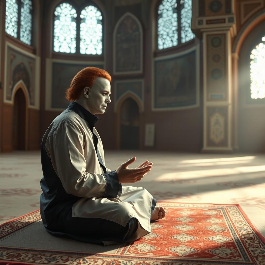 A serene depiction of Michael Myers, the fictional character from the Halloween series, participating in a prayer at a mosque