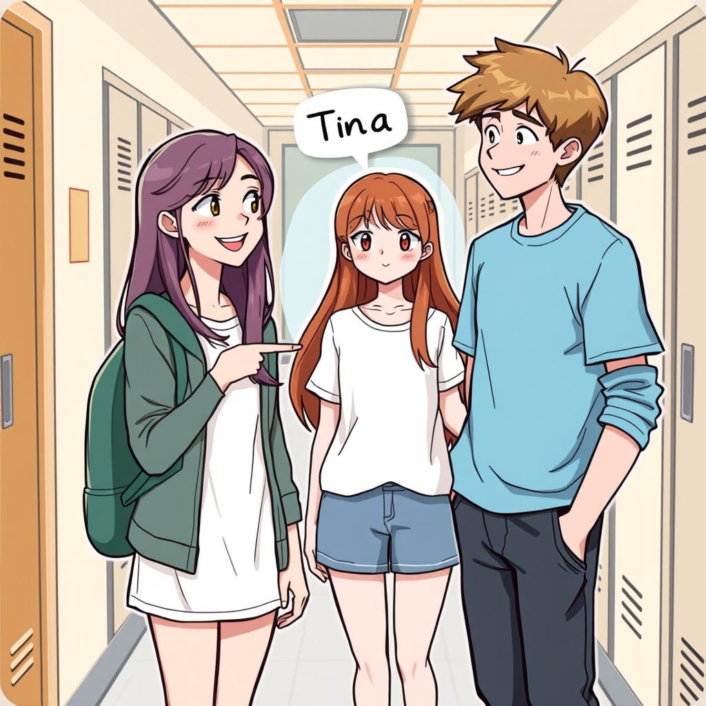 A school scene with two students, one girl and one boy, talking about a new student named Tina