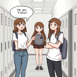 A school scene with two students, one girl and one boy, talking about a new student named Tina