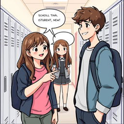 A school scene with two students, one girl and one boy, talking about a new student named Tina