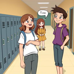 A school scene with two students, one girl and one boy, talking about a new student named Tina
