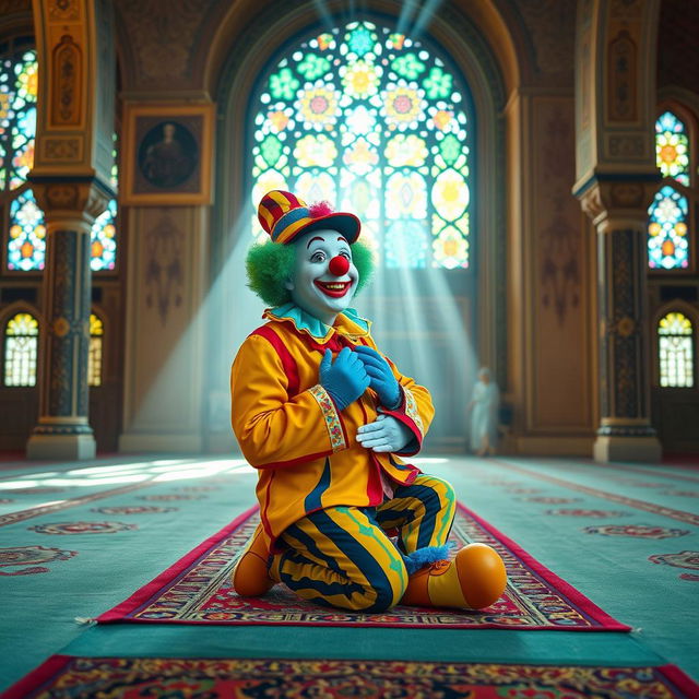 A whimsical and colorful scene of a clown wearing a traditional clown costume with bright colors and oversized shoes, kneeling in prayer at a beautifully designed mosque