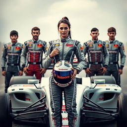 A dynamic scene featuring four Formula 1 drivers, three male and one female, all in full racing gear