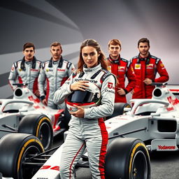 A dynamic scene featuring four Formula 1 drivers, three male and one female, all in full racing gear